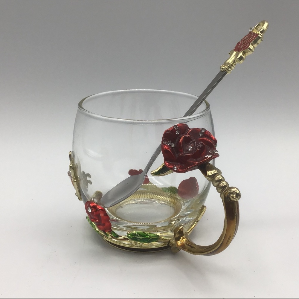 Glass Coffee Mug with Spoon Enamel Butterfly Rose Flower Tea Cup w Decorations.